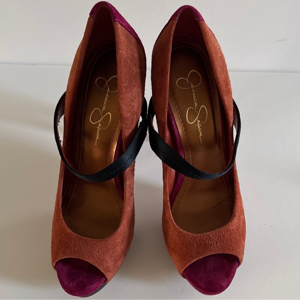 Women’s Suede Peep Toe Heels Size 8.5 M Orange Black Pink Color block Formal - Picture 8 of 14